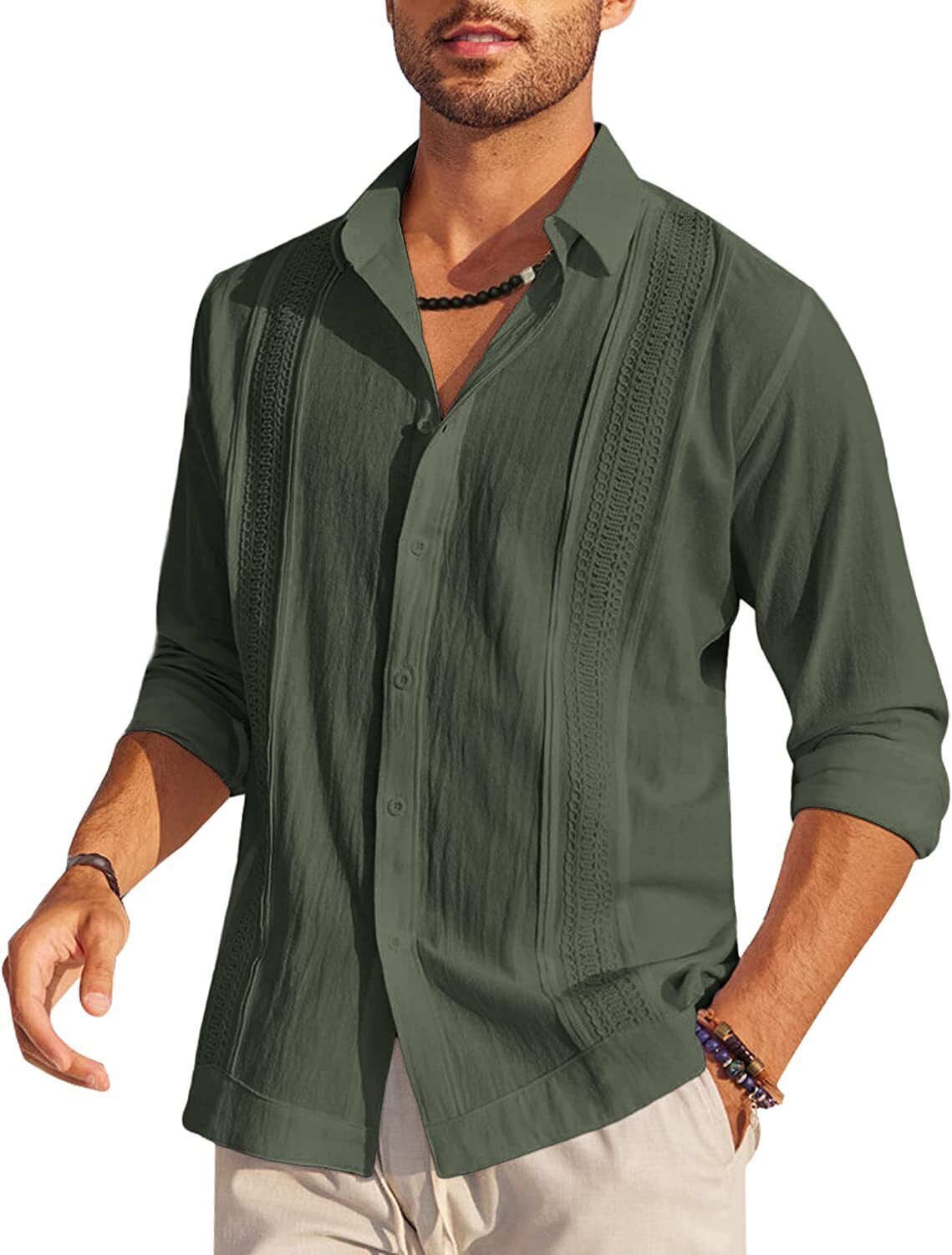 7-Pack Men's Cuban Shirts Long Sleeve Casual Button Down Shirt Cotton Beach Tops💖Buy two packs for free shipping💖