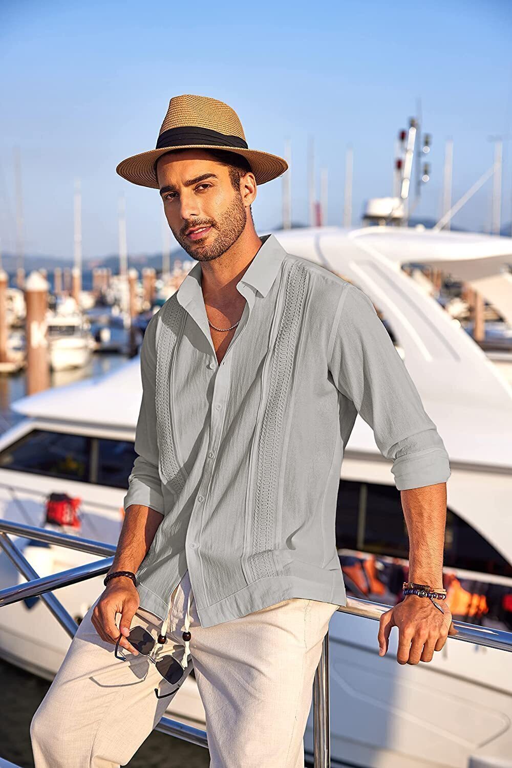 7-Pack Men's Cuban Shirts Long Sleeve Casual Button Down Shirt Cotton Beach Tops💖Buy two packs for free shipping💖