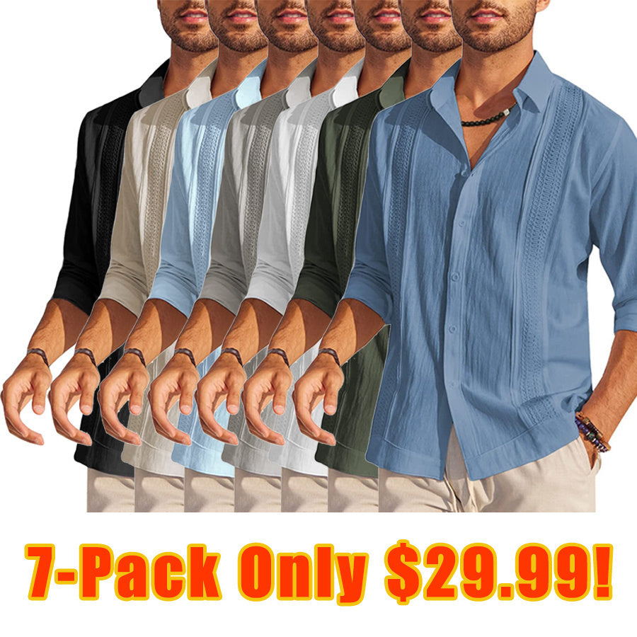 7-Pack Men's Cuban Shirts Long Sleeve Casual Button Down Shirt Cotton Beach Tops💖Buy two packs for free shipping💖