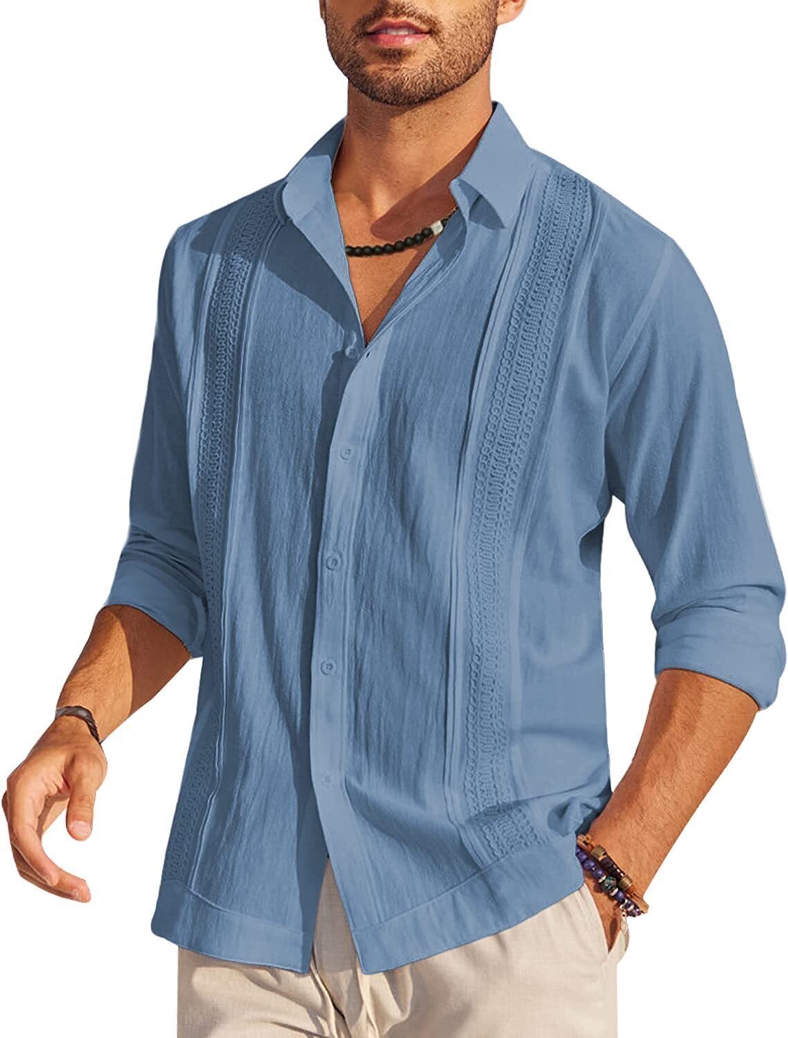 7-Pack Men's Cuban Shirts Long Sleeve Casual Button Down Shirt Cotton Beach Tops💖Buy two packs for free shipping💖