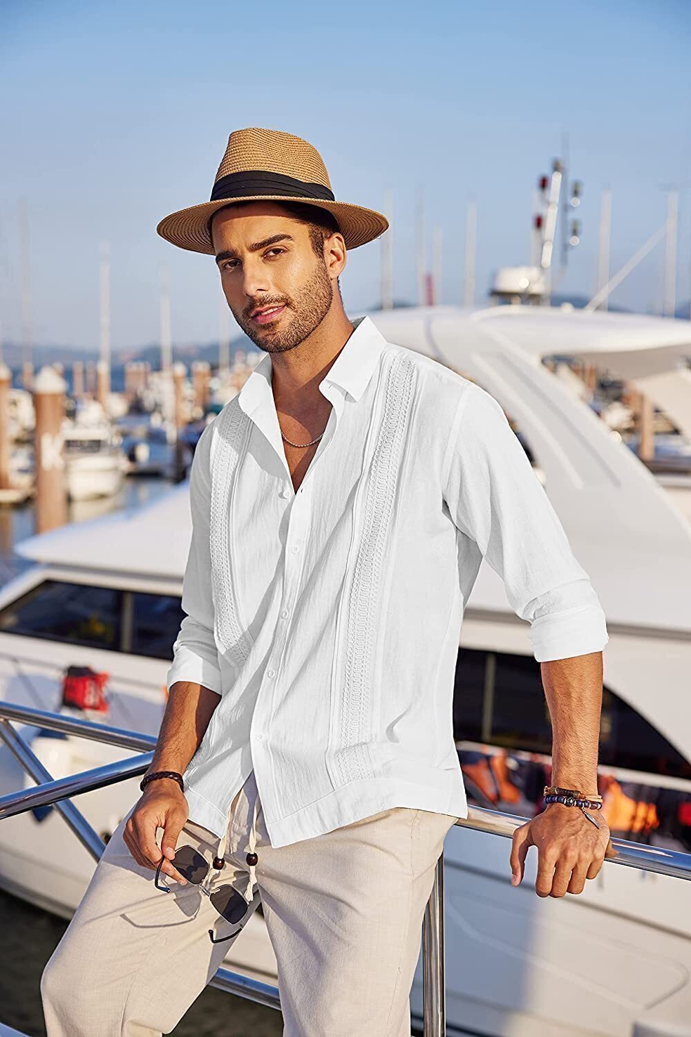 7-Pack Men's Cuban Shirts Long Sleeve Casual Button Down Shirt Cotton Beach Tops💖Buy two packs for free shipping💖