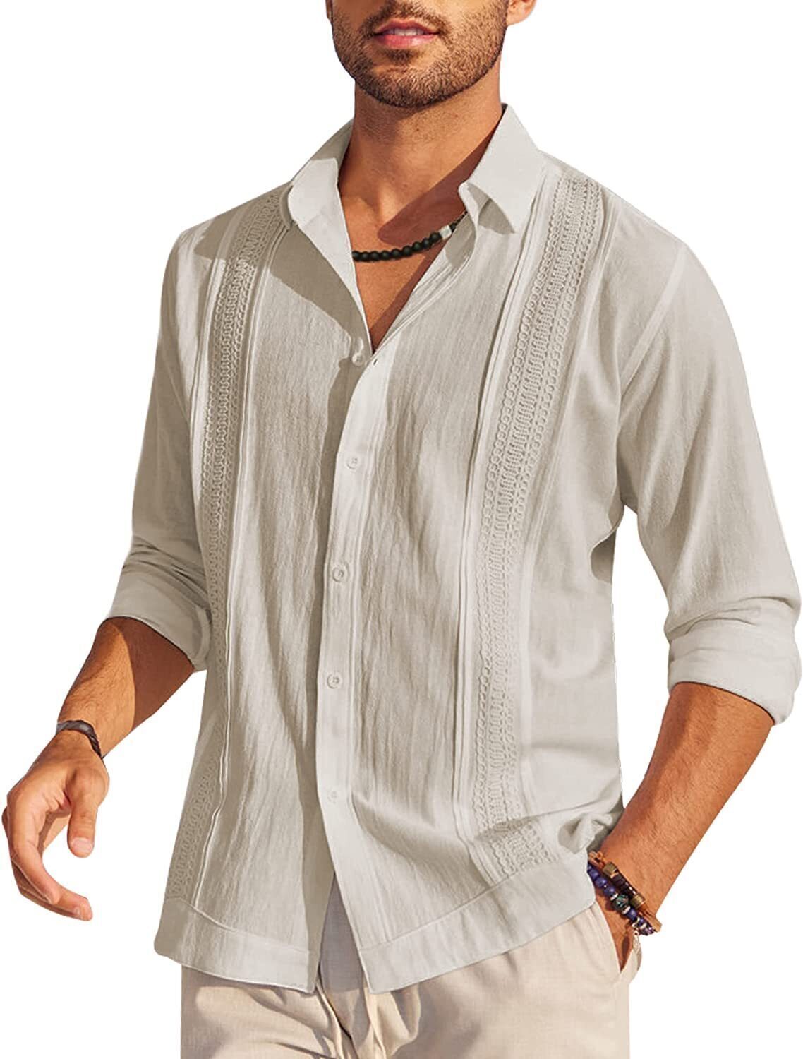 7-Pack Men's Cuban Shirts Long Sleeve Casual Button Down Shirt Cotton Beach Tops💖Buy two packs for free shipping💖