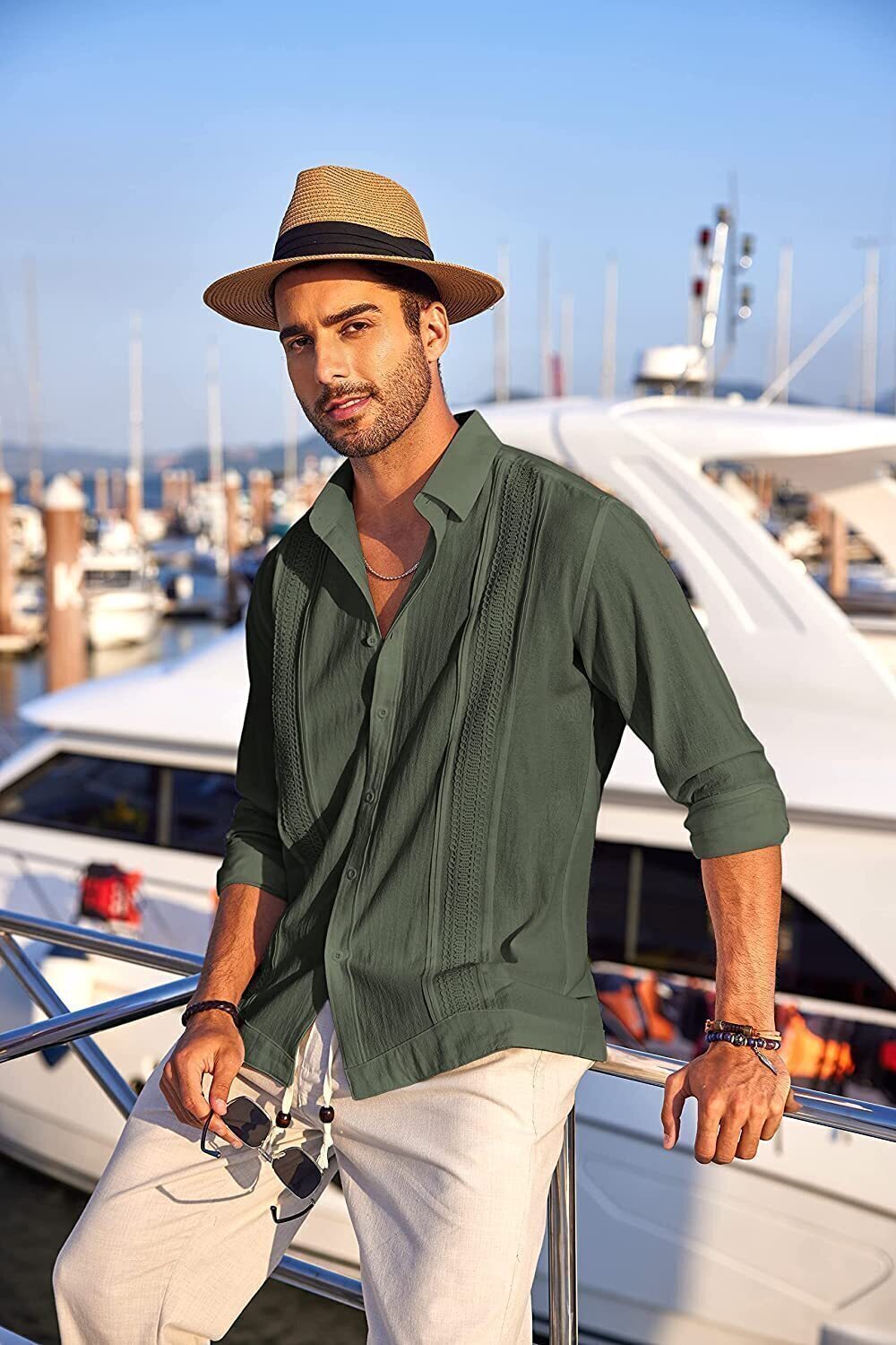 7-Pack Men's Cuban Shirts Long Sleeve Casual Button Down Shirt Cotton Beach Tops💖Buy two packs for free shipping💖