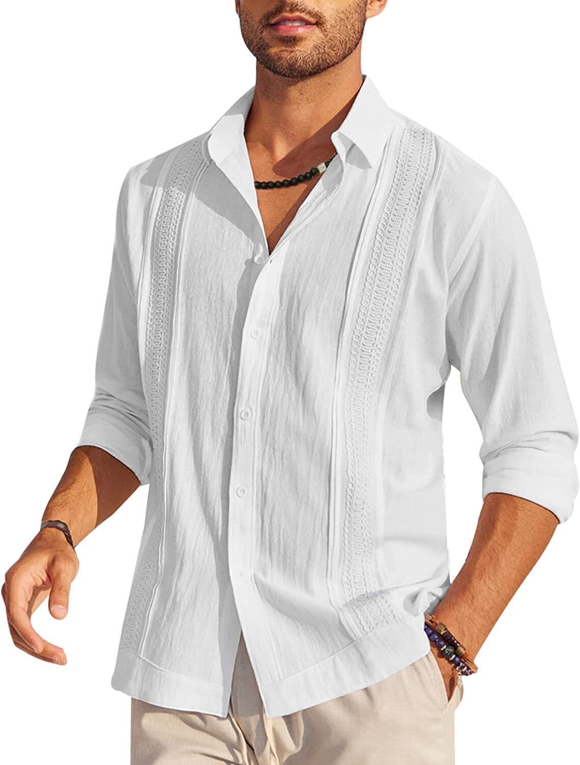 7-Pack Men's Cuban Shirts Long Sleeve Casual Button Down Shirt Cotton Beach Tops💖Buy two packs for free shipping💖