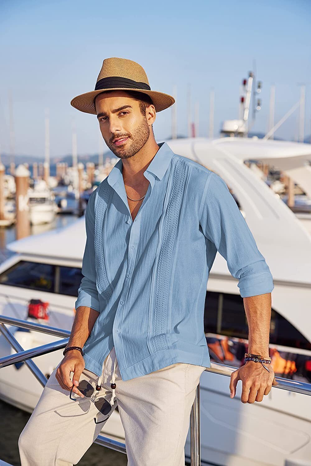 7-Pack Men's Cuban Shirts Long Sleeve Casual Button Down Shirt Cotton Beach Tops💖Buy two packs for free shipping💖