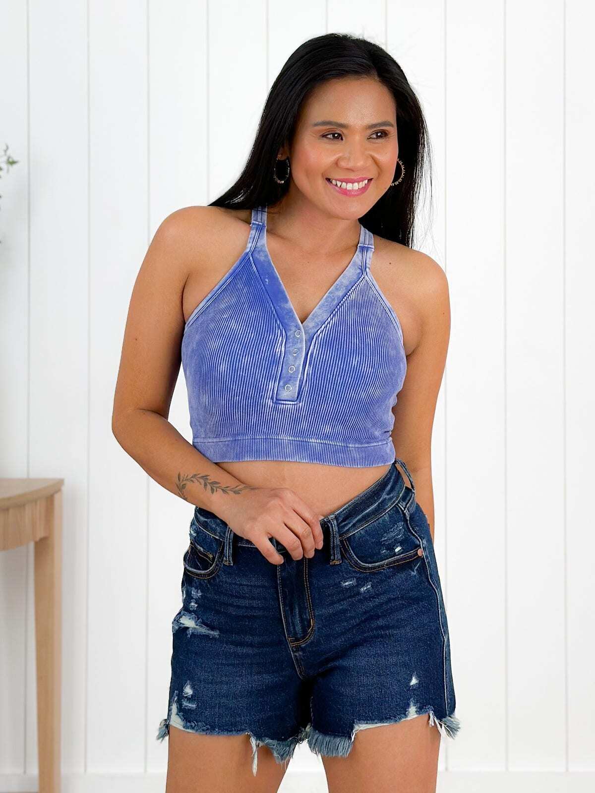 Door Buster! Washed Ribbed Cropped Button V-Neck Tank Top (Multiple Colors)