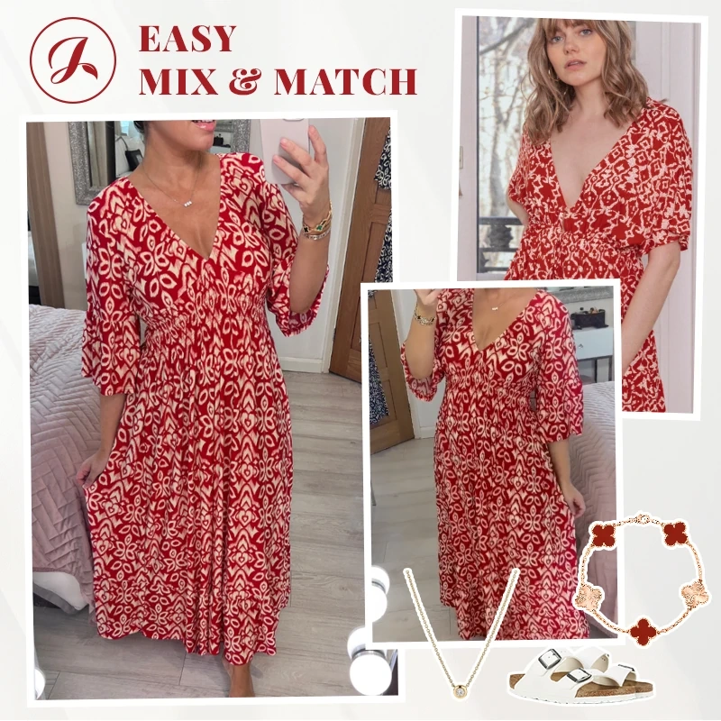 🔥2024 New Sale💖Bohemian casual print V-neck shirred waist long dresses