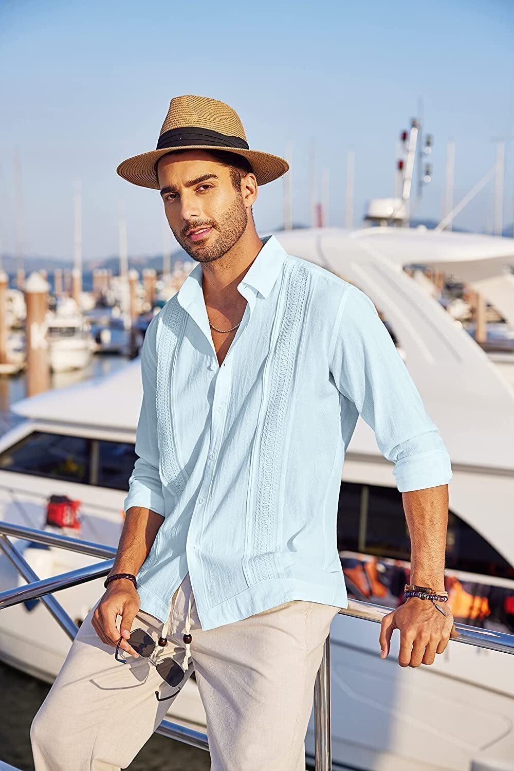 7-Pack Men's Cuban Shirts Long Sleeve Casual Button Down Shirt Cotton Beach Tops💖Buy two packs for free shipping💖