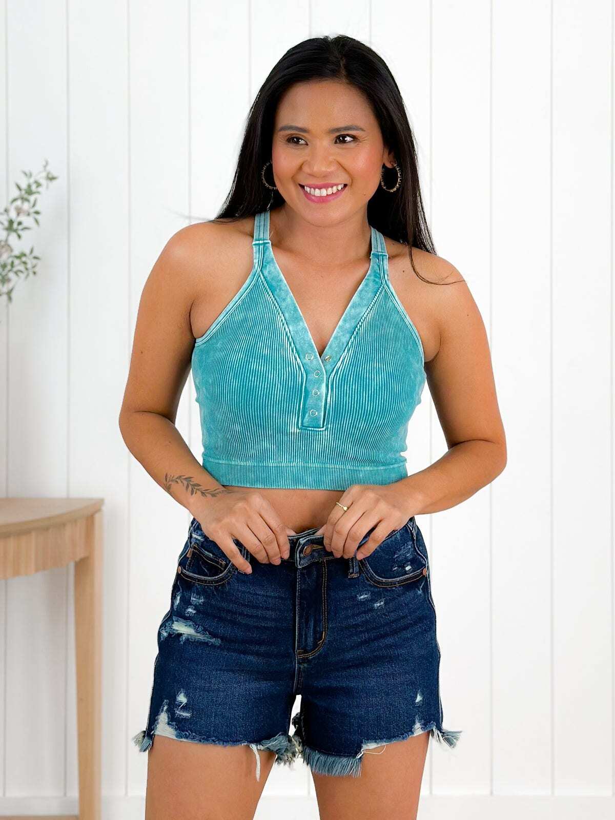 Door Buster! Washed Ribbed Cropped Button V-Neck Tank Top (Multiple Colors)