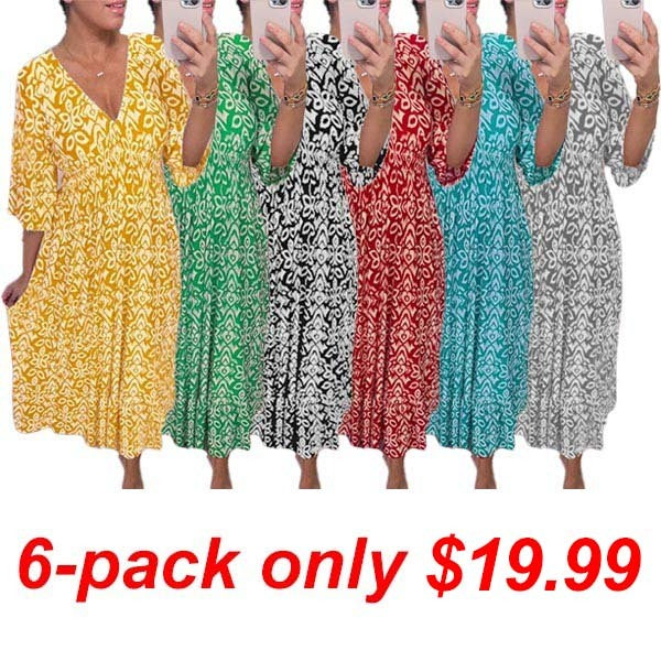 🔥2024 New Sale💖Bohemian casual print V-neck shirred waist long dresses