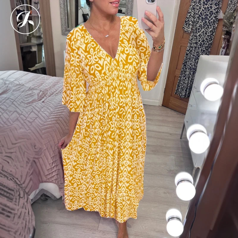🔥2024 New Sale💖Bohemian casual print V-neck shirred waist long dresses