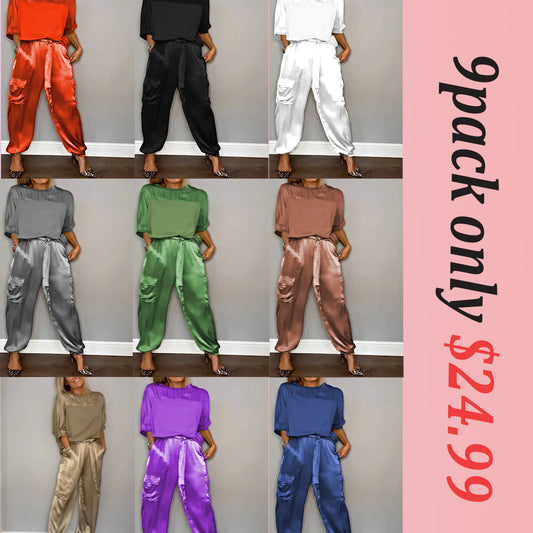 👗Smooth Satin Half-sleeved Top and Pants Set💝