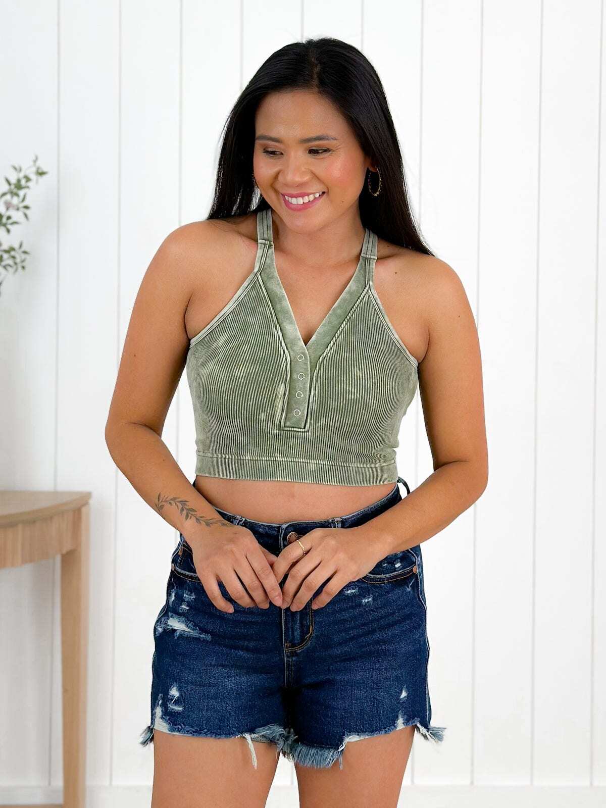 Door Buster! Washed Ribbed Cropped Button V-Neck Tank Top (Multiple Colors)