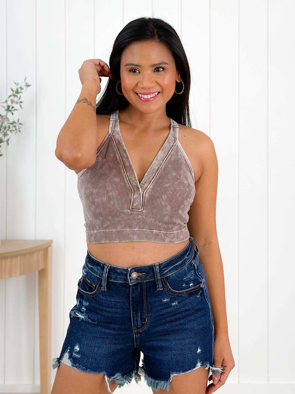 Door Buster! Washed Ribbed Cropped Button V-Neck Tank Top (Multiple Colors)