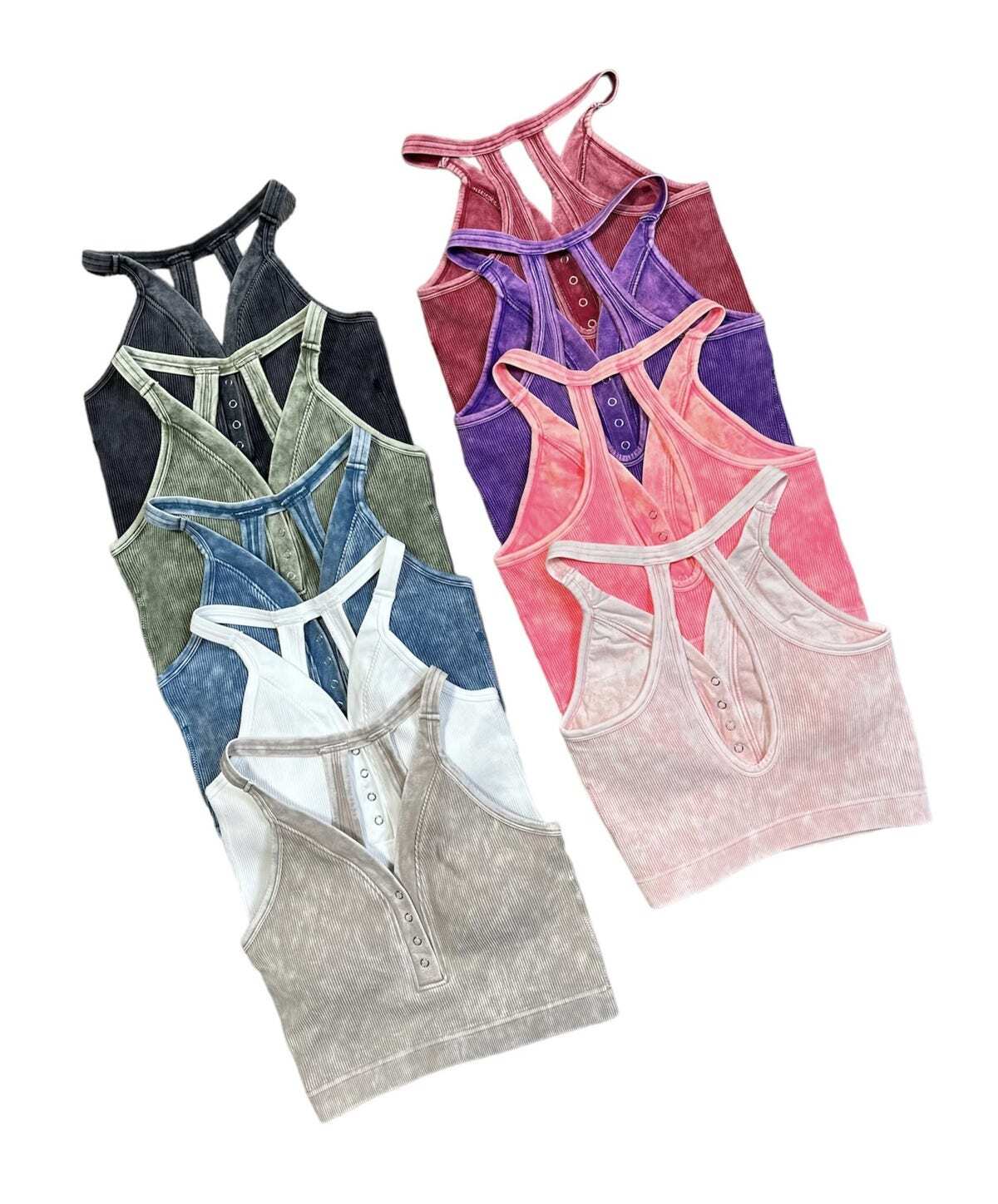 Door Buster! Washed Ribbed Cropped Button V-Neck Tank Top (Multiple Colors)