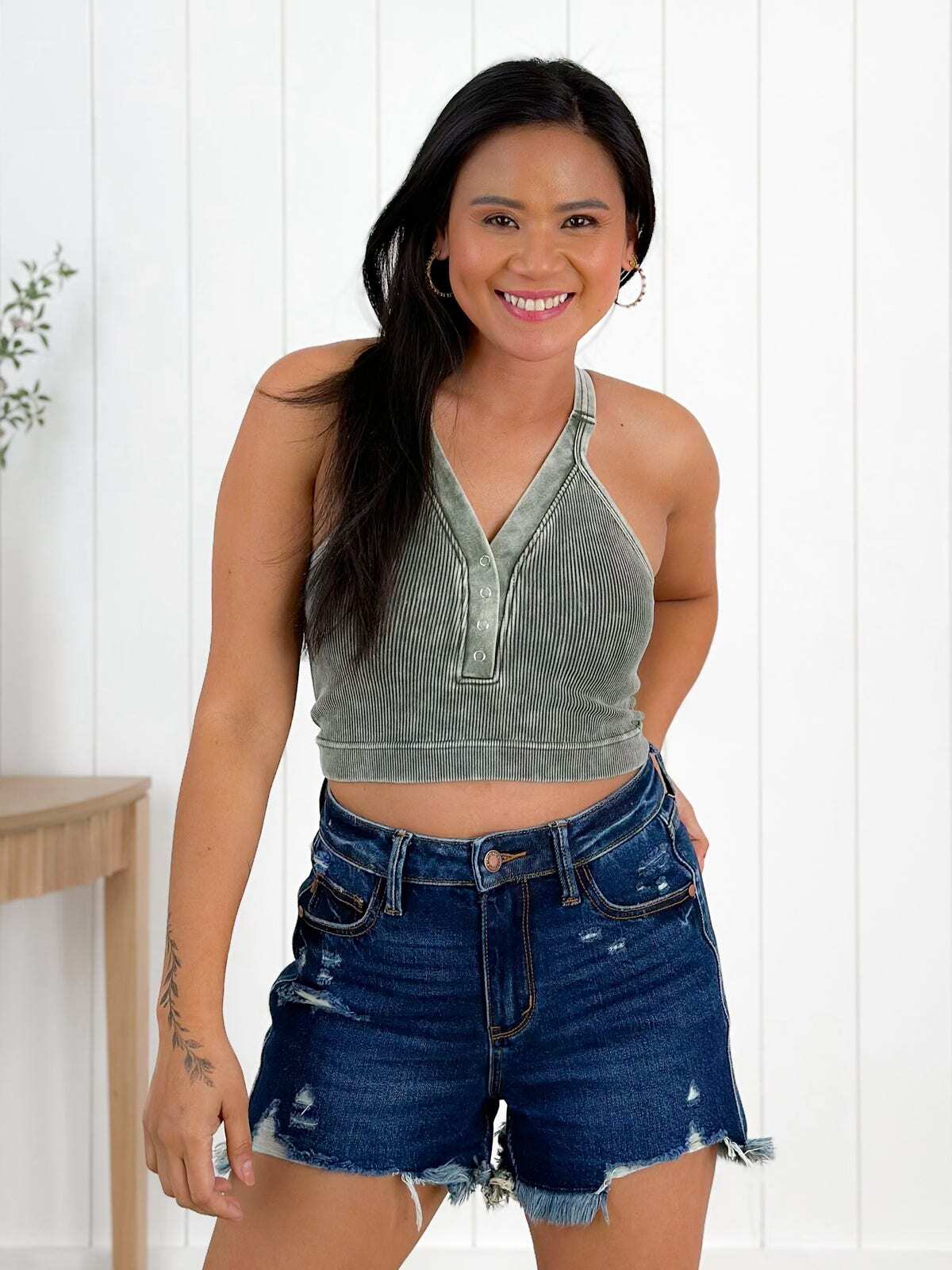 Door Buster! Washed Ribbed Cropped Button V-Neck Tank Top (Multiple Colors)