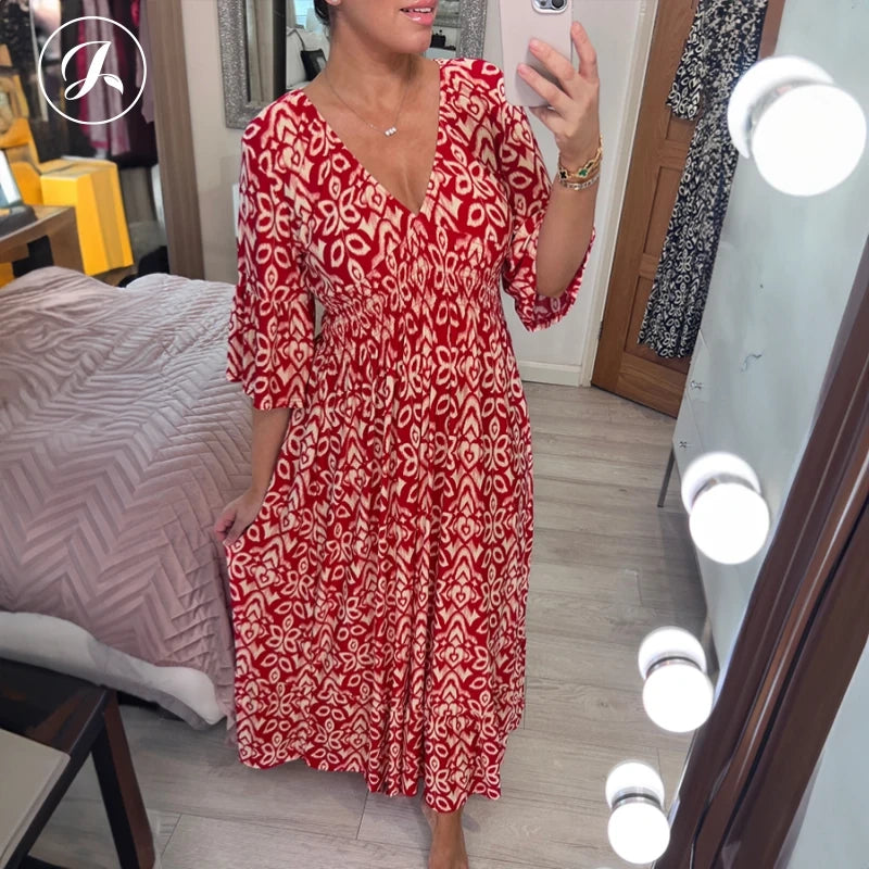 🔥2024 New Sale💖Bohemian casual print V-neck shirred waist long dresses