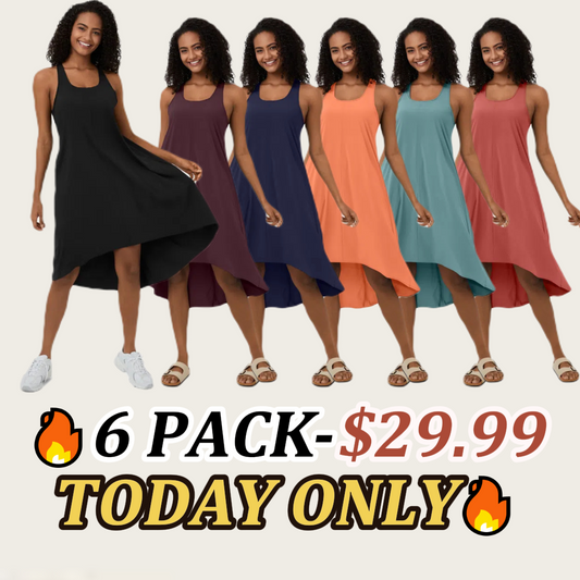 ✨️6 PACK-$29.99✨️Backless Racerback Side Pocket High Low Flowy Midi Quick Dry Casual Dress