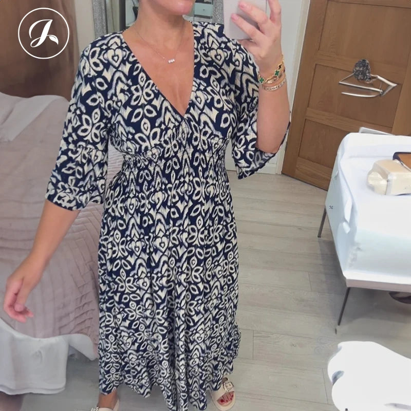 🔥2024 New Sale💖Bohemian casual print V-neck shirred waist long dresses