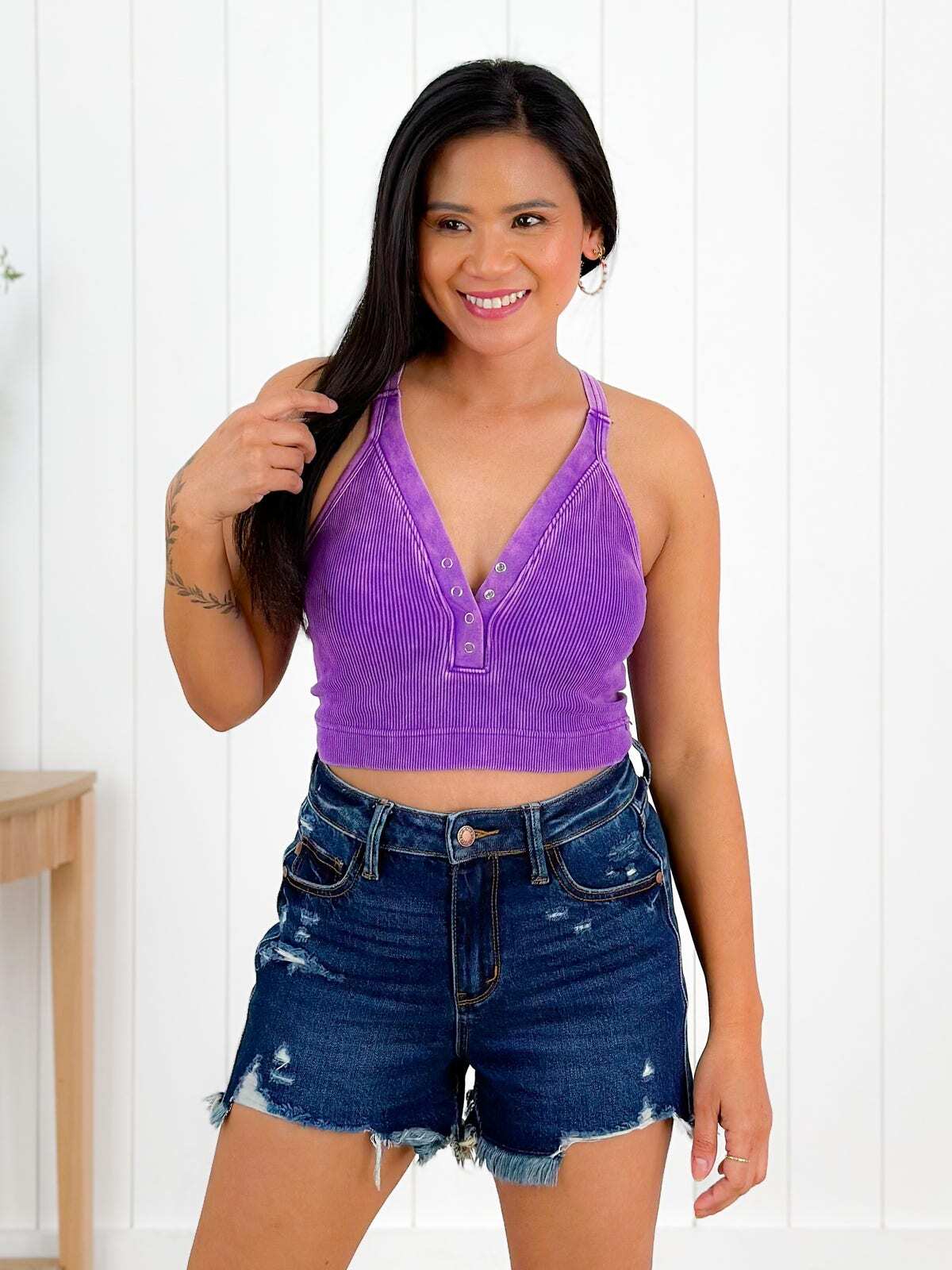 Door Buster! Washed Ribbed Cropped Button V-Neck Tank Top (Multiple Colors)